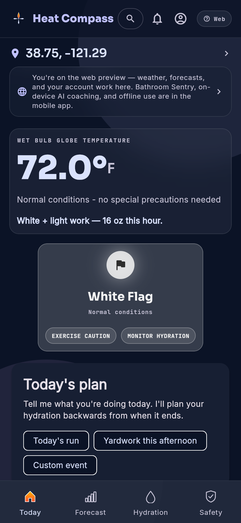 HeatCompass on mobile — WBGT, White Flag, and the hydration planner