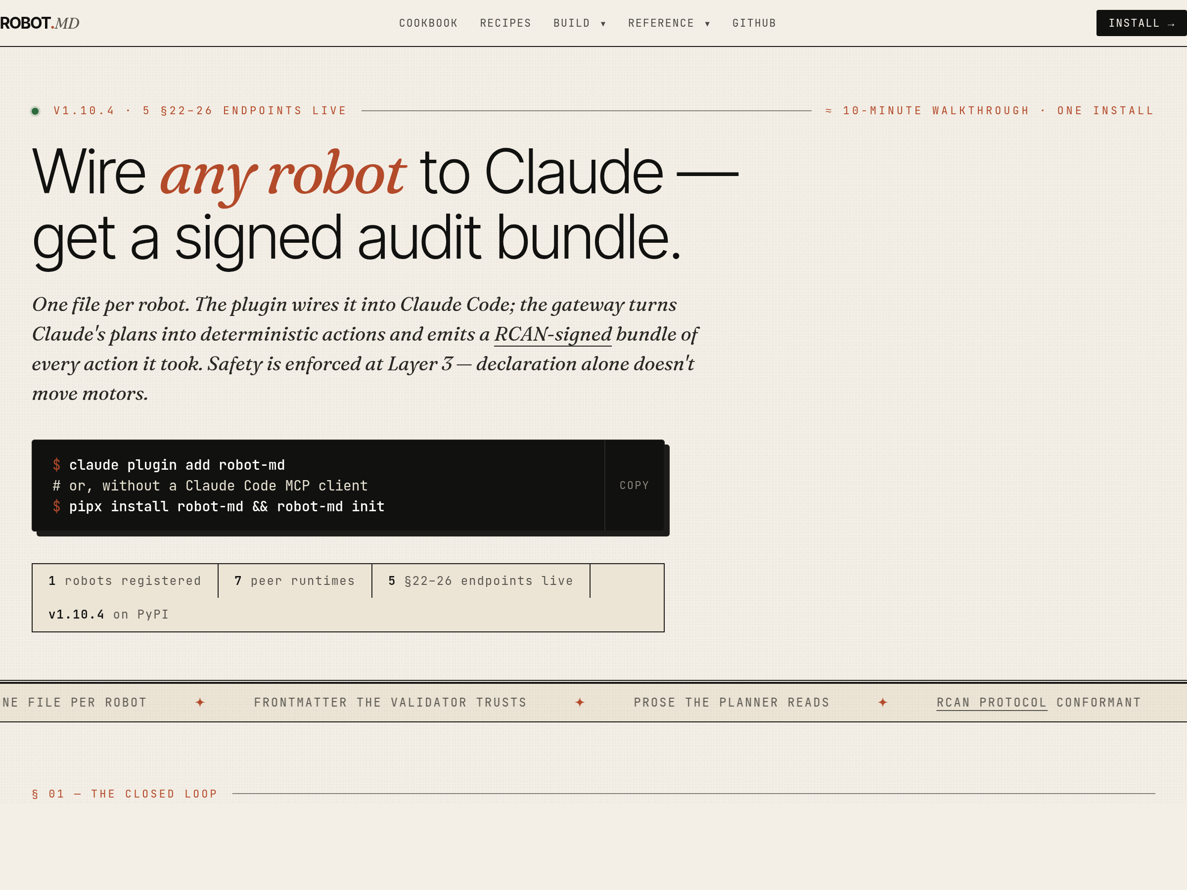 robotmd.dev — Wire any robot to Claude, get a signed audit bundle