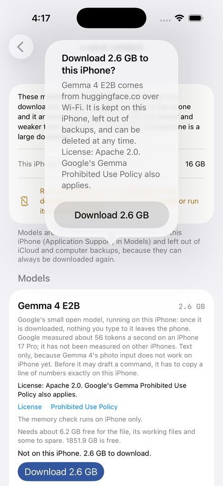 The Phone models screen asking to download Gemma 4 E2B, 2.6 GB